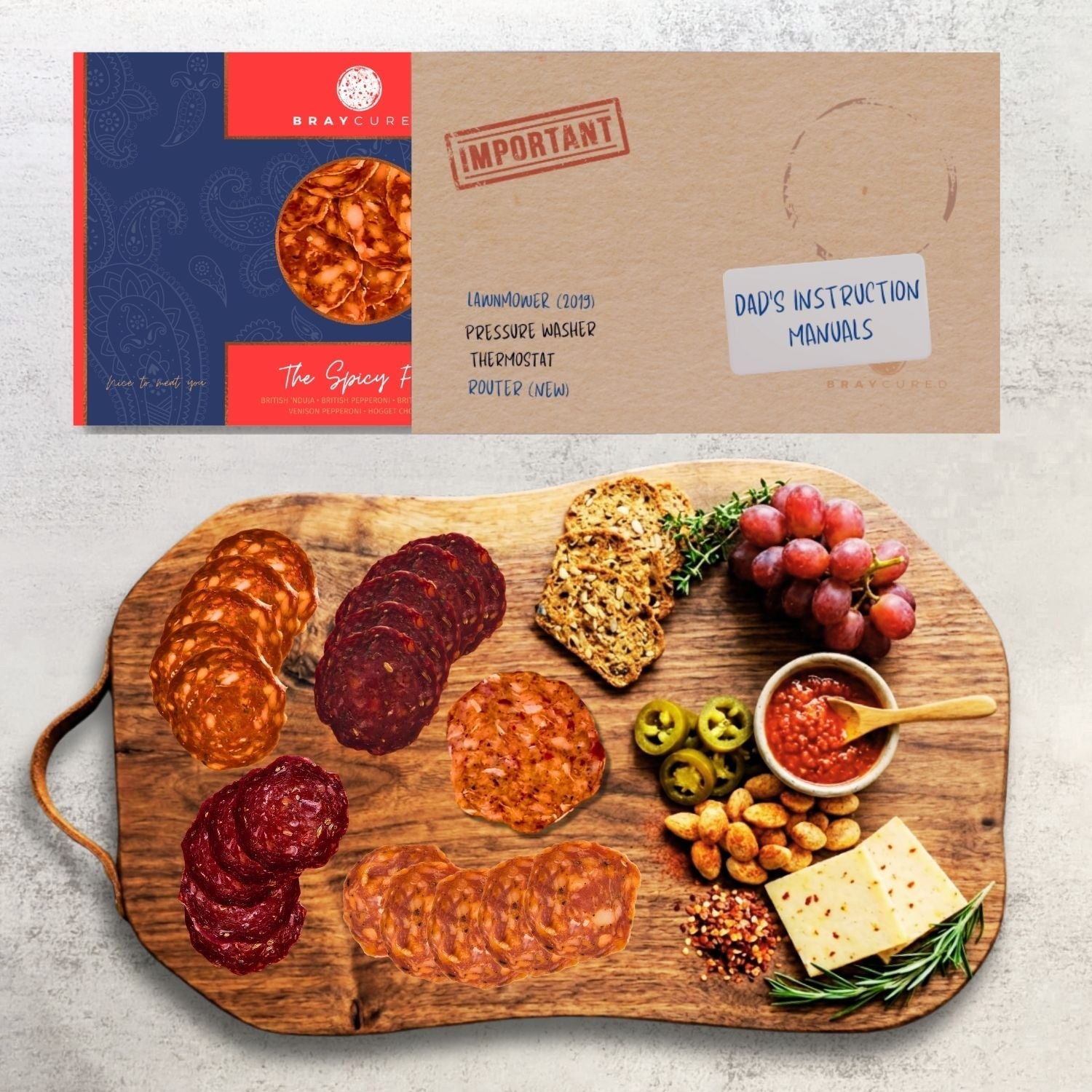 Bray Cured Spicy Feasting Five charcuterie selection with various cured meats on a serving board, shown with instructional manuals sleeve.