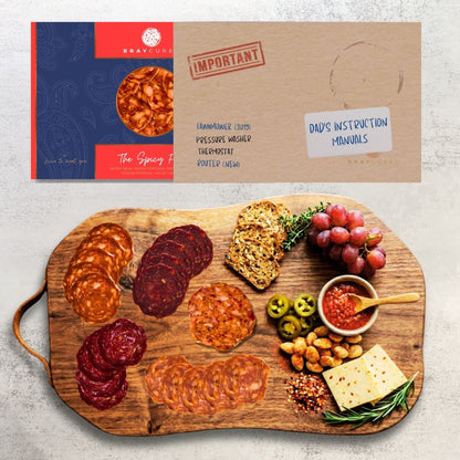 Bray Cured Spicy Feasting Five charcuterie selection with various cured meats on a serving board, shown with instructional manuals sleeve.