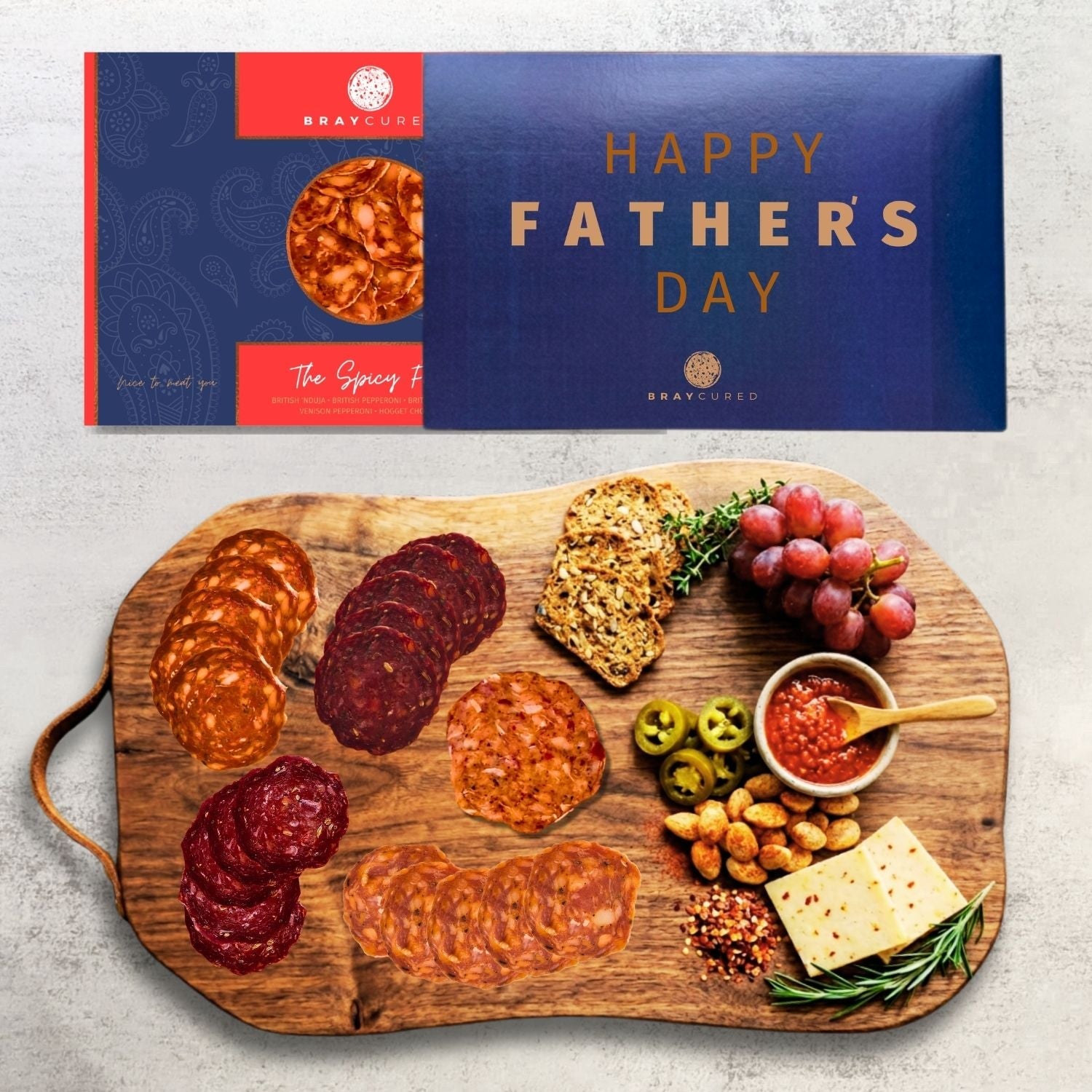 Bray Cured Spicy Feasting Five charcuterie selection on a serving board with assorted cured meats and accompaniments.