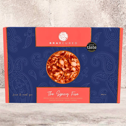 Bray Cured Spicy Feasting Five charcuterie selection featuring five assorted spicy cured meats, front view.