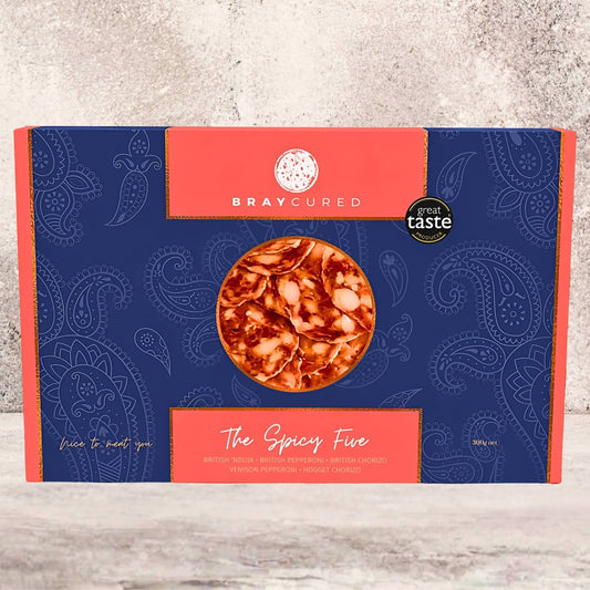 Bray Cured Spicy Feasting Five charcuterie selection featuring five assorted spicy cured meats, front view.