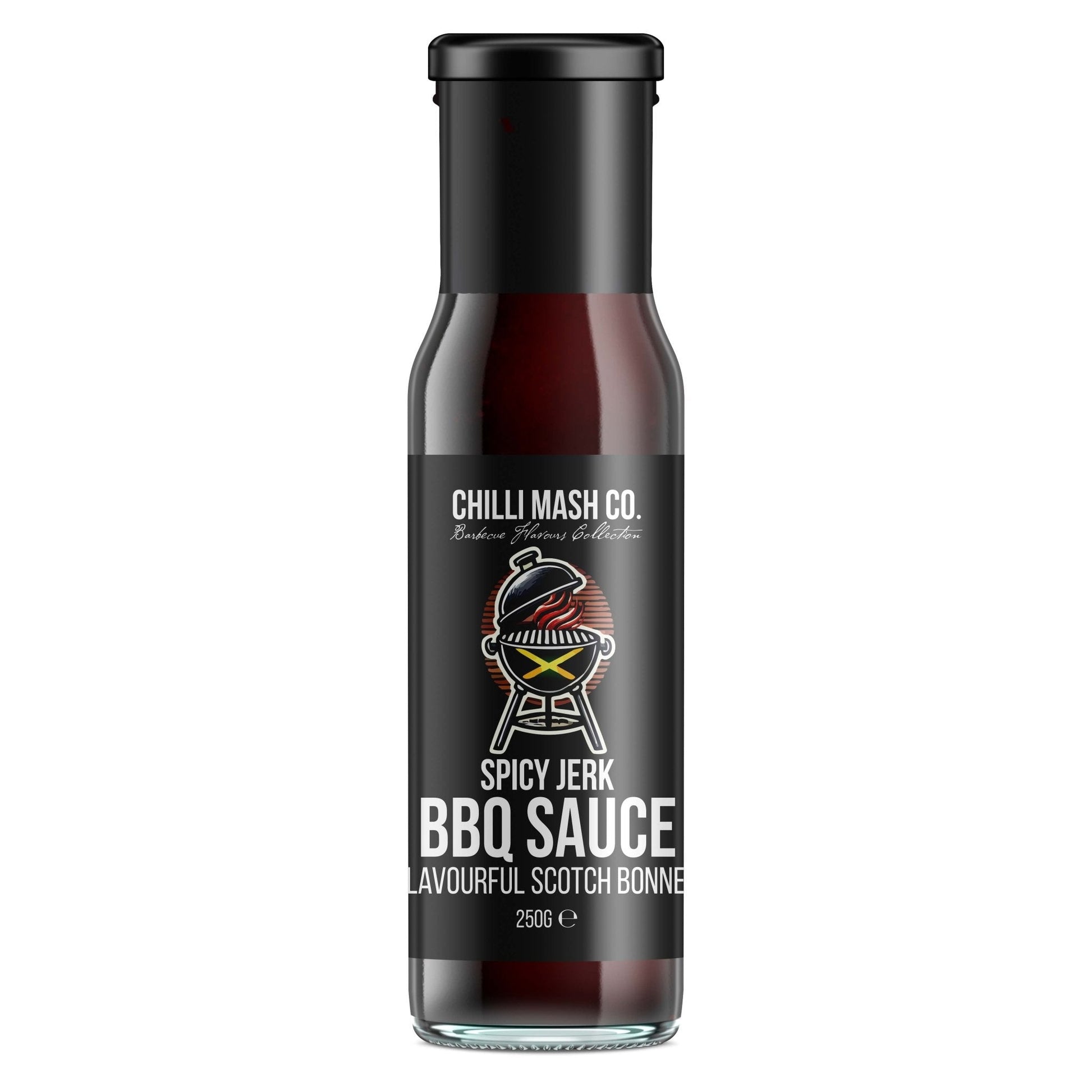 Spicy Jerk BBQ Sauce by Chilli Mash Co. in 250g jar, showcasing vibrant chili and jerk flavor accents, authentic Caribbean style.