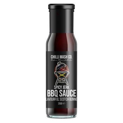 Spicy Jerk BBQ Sauce by Chilli Mash Co. in 250g jar, showcasing vibrant chili and jerk flavor accents, authentic Caribbean style.