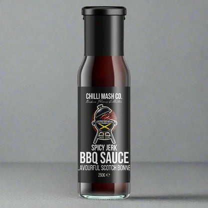 Spicy Jerk BBQ Sauce by Chilli Mash Co. in 250g jar, showcasing vibrant reddish-orange sauce with herbs and spices, authentic Caribbean flavor