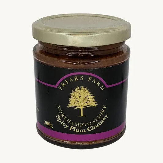 Jar of Friars Farm Spicy Plum Chutney showing the colorful chutney inside a glass jar with a label.