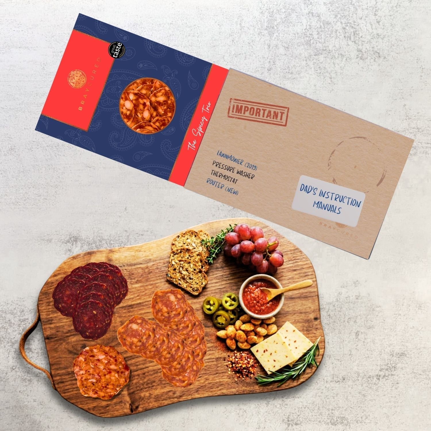 Bray Cured Spicy Tasting Trio charcuterie selection on a wooden board, with slices of spicy cured meats and accompaniments.