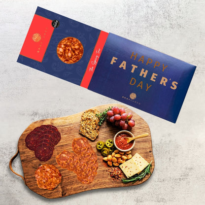Bray Cured spicy tasting charcuterie trio on a wooden board with a Father's Day sleeve, featuring assorted spicy cured meats.