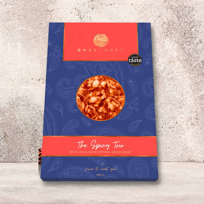 Bray Cured Spicy Tasting Trio featuring a selection of spicy cured meats arranged for charcuterie.