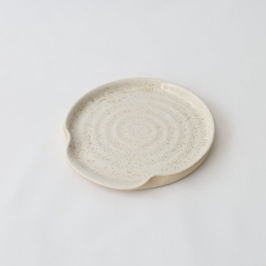 Pepper White Classic Spoon Rest by Katie L Thompson Designs, ceramic utensil holder with a smooth, elegant design.