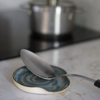 Seafoam blue classic spoon rest by Katie L Thompson Designs, ceramic kitchen accessory for holding cooking spoons