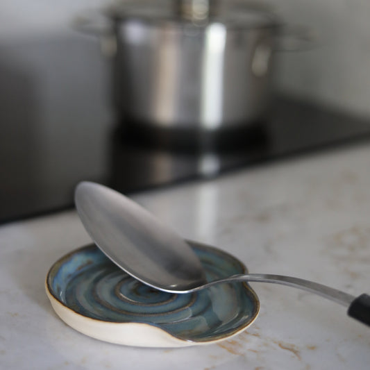 Seafoam blue classic spoon rest by Katie L Thompson Designs, ceramic kitchen accessory for holding cooking spoons