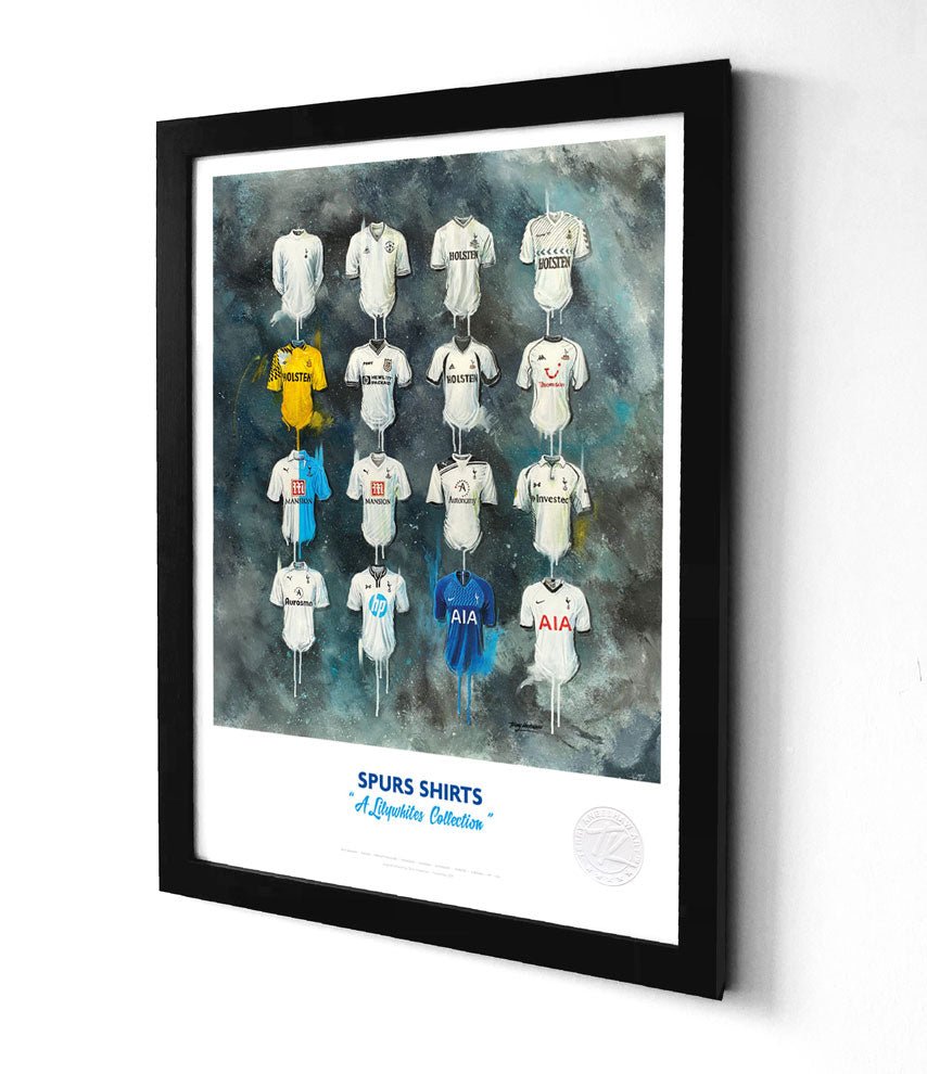 Limited edition Tottenham Hotspur A3 framed print featuring iconic Spurs shirt wall art by Terry Kneeshaw Art.