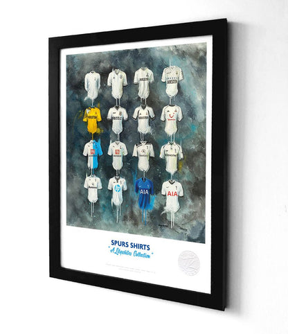 Limited edition Tottenham Hotspur A3 framed print featuring iconic Spurs shirt wall art by Terry Kneeshaw Art.