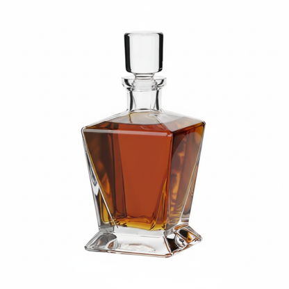 Square-shaped Krosno Handmade Glass Decanter filled with rum, 750ml capacity, elegant square design, clear glass with a stopper.
