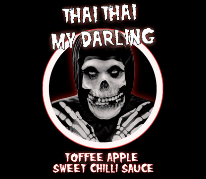 Square image of Thai Thai My Darling hot sauce by Lou's Brews, featuring toffee apple and sweet chili flavors in a vibrant bottle.