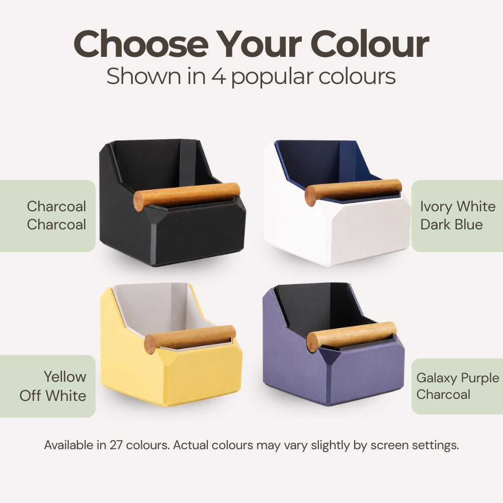 KNOCDIC® Square Coffee Knock Box with real oak knock bar, featuring a sleek square design in your chosen color.