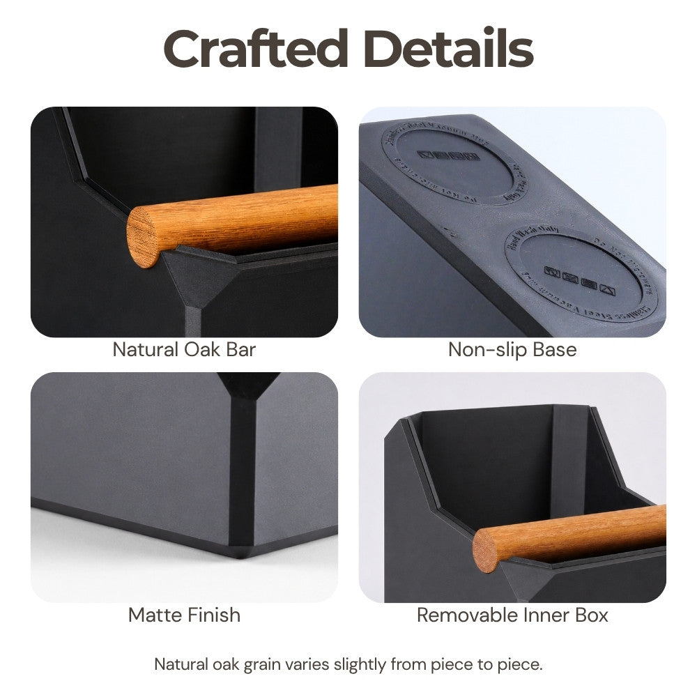 Square coffee knock box by KNOCDIC® with real oak knock bar, featuring a sleek square design for espresso machine waste.
