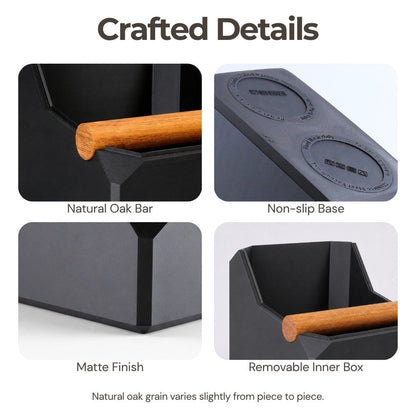 Square coffee knock box by KNOCDIC® with real oak knock bar, featuring a sleek square design for espresso machine waste.