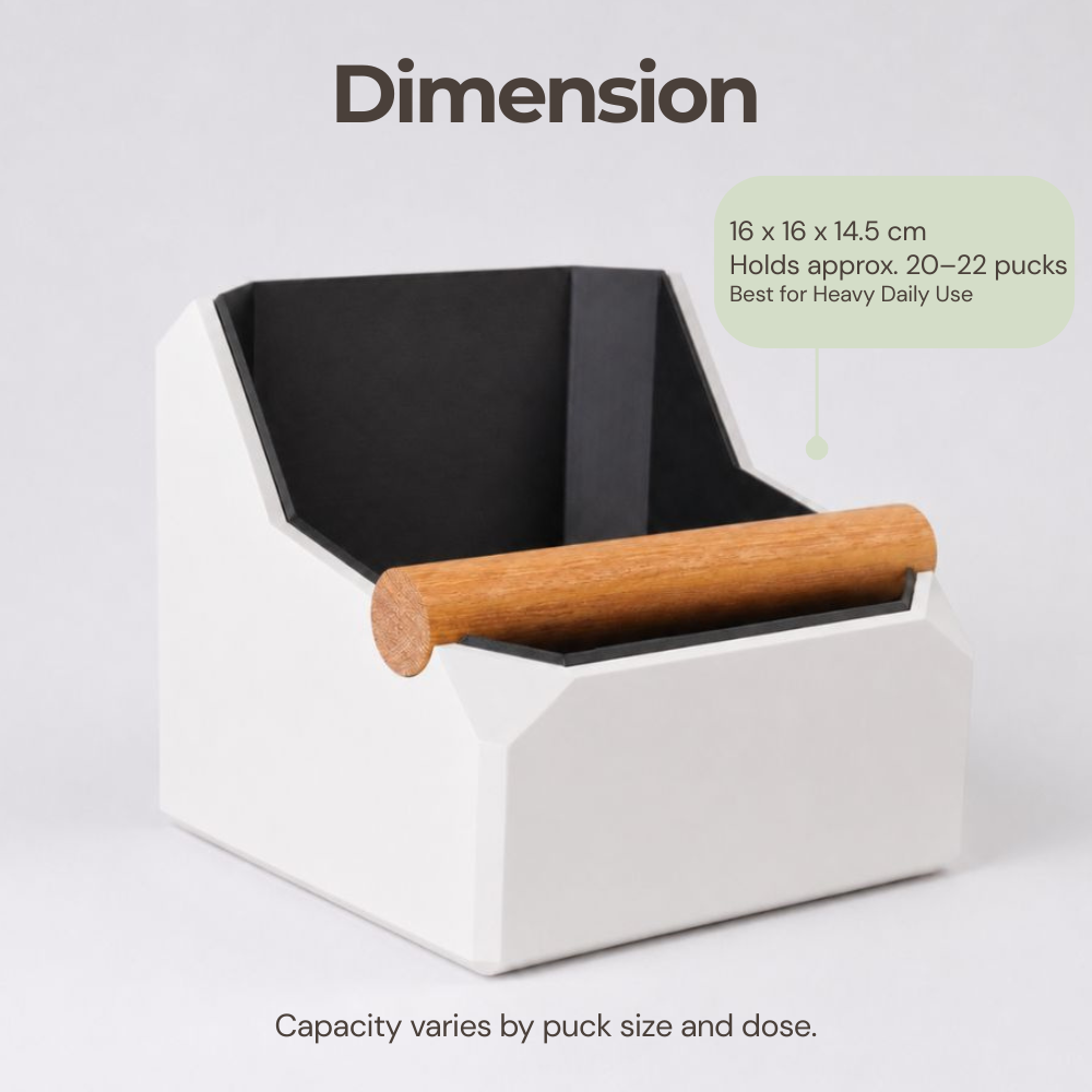 Square coffee knock box by KNOCDIC® with a real oak knock bar, featuring a sturdy square design for espresso puck disposal.