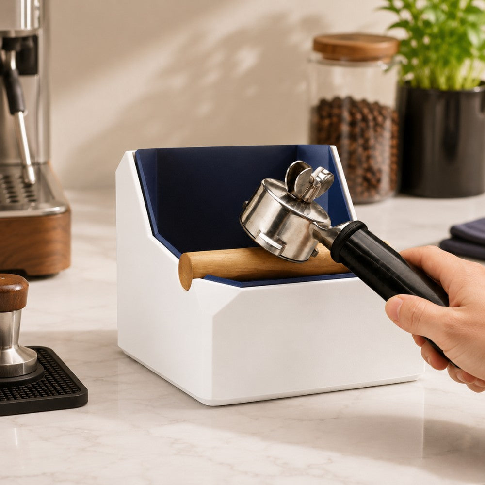 KNOCDIC® Square Coffee Knock Box with real oak knock bar in use, stainless steel coffee accessory for barista espresso station