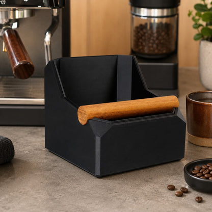 KNOCDIC® Square Coffee Knock Box with real oak knock bar, stylish stainless steel espresso accessories for baristas.