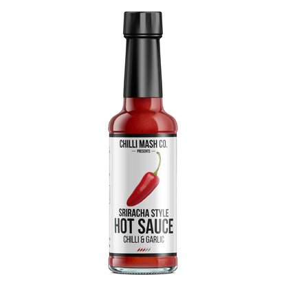 Sriracha-style hot sauce by Chilli Mash Co. in a 150ml bottle with chili and garlic ingredients, showcasing the vibrant sauce inside.