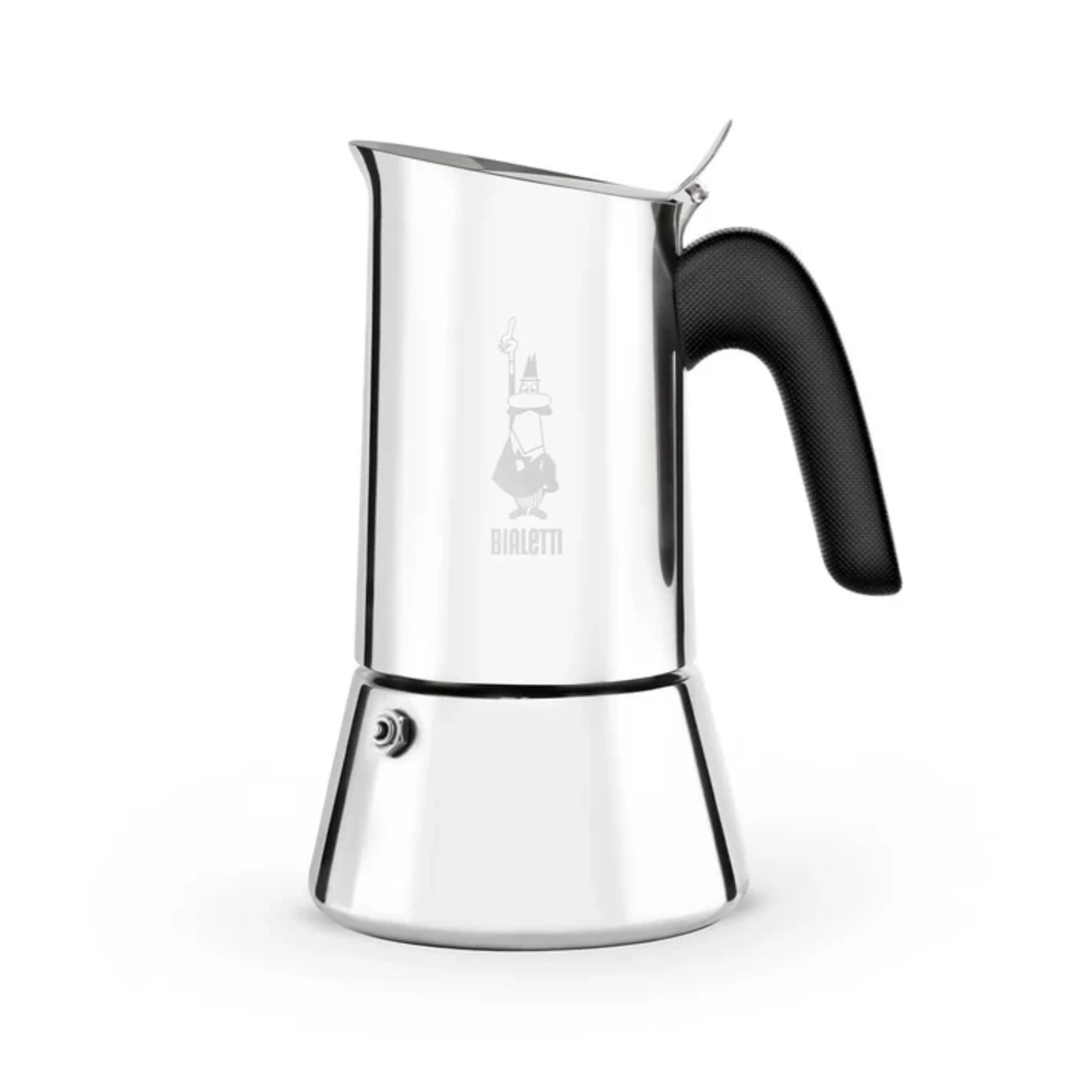 Stainless steel Bialetti Moka induction stovetop coffee maker by Brew Italia with a sleek, modern design for rich espresso brewing.