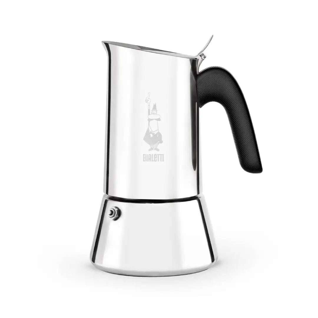 Stainless steel Bialetti Venus coffee maker by Brew Italia, showcasing its sleek, modern design for espresso brewing.