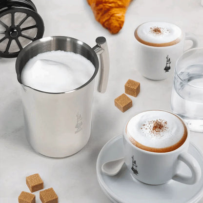 Bialetti Brew Italia stainless steel manual milk frother for creating creamy frothed milk at home.