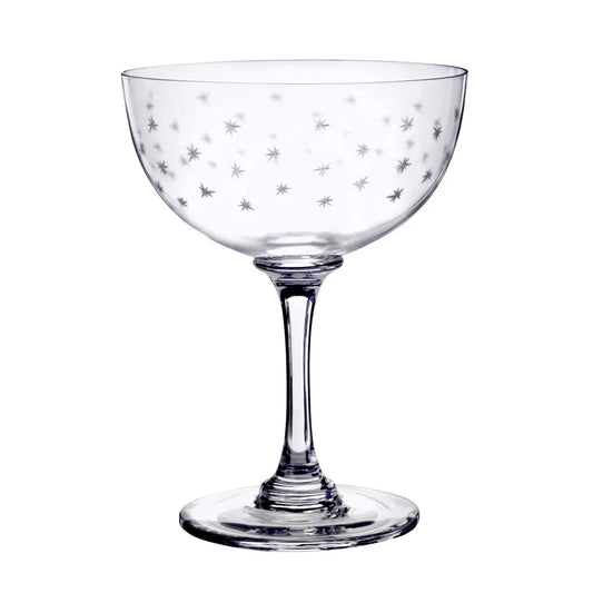 Large crystal champagne saucers with star design, elegant glassware for celebrating, by The Vintage List