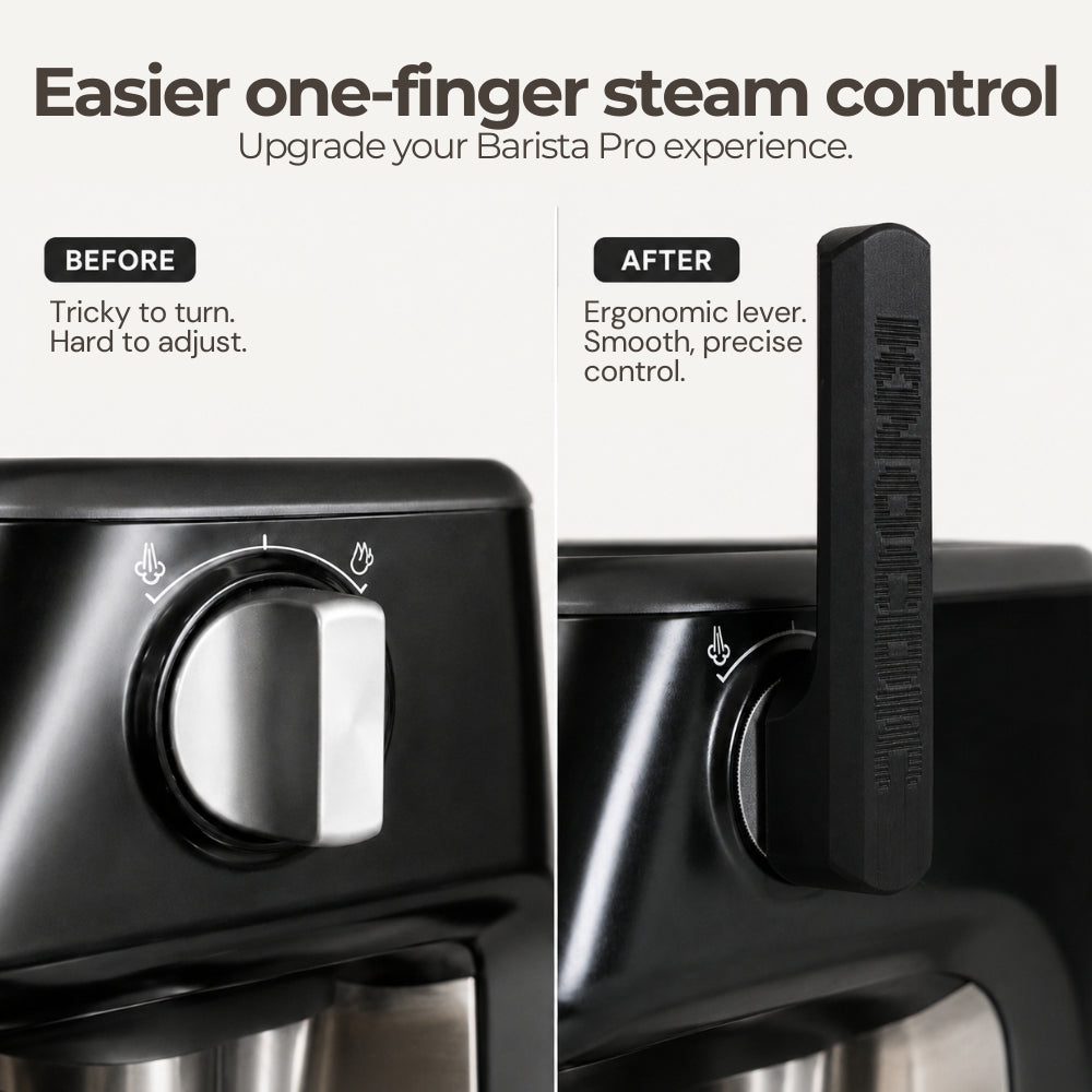 KNOCDIC® Sage Breville Steam Lever Handle Attachment for Barista Pro espresso machine, showing before and after installation.