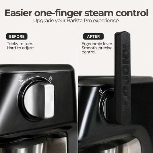 KNOCDIC® Sage Breville Steam Lever Handle Attachment for Barista Pro espresso machine, showing before and after installation.
