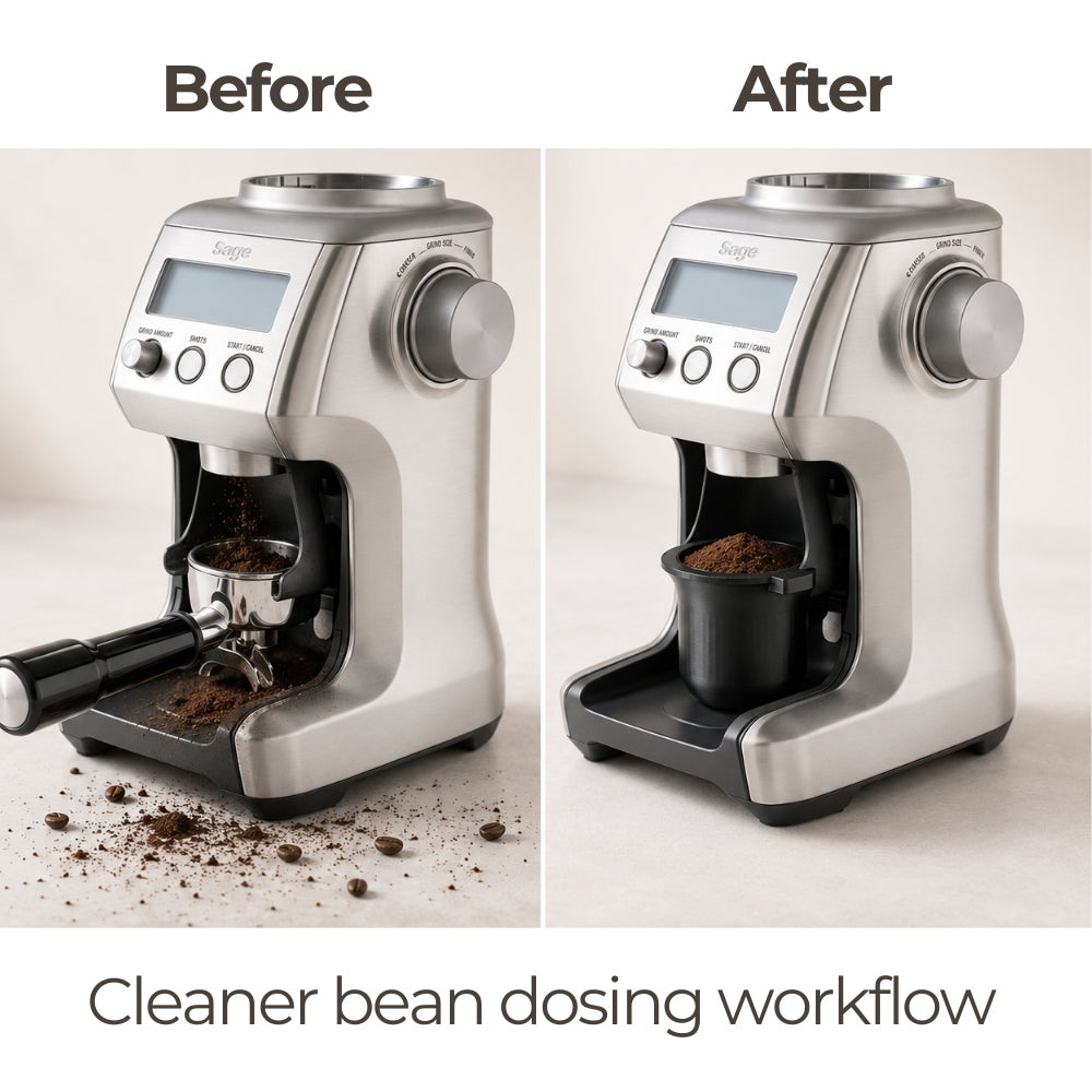 KNOCDIC® 54mm Sage / Breville coffee bean dosing cup with grinder activation tab, shown before and after use.