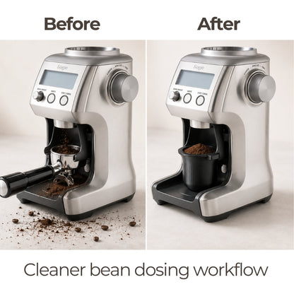 KNOCDIC® 54mm Sage / Breville coffee bean dosing cup with grinder activation tab, shown before and after use.