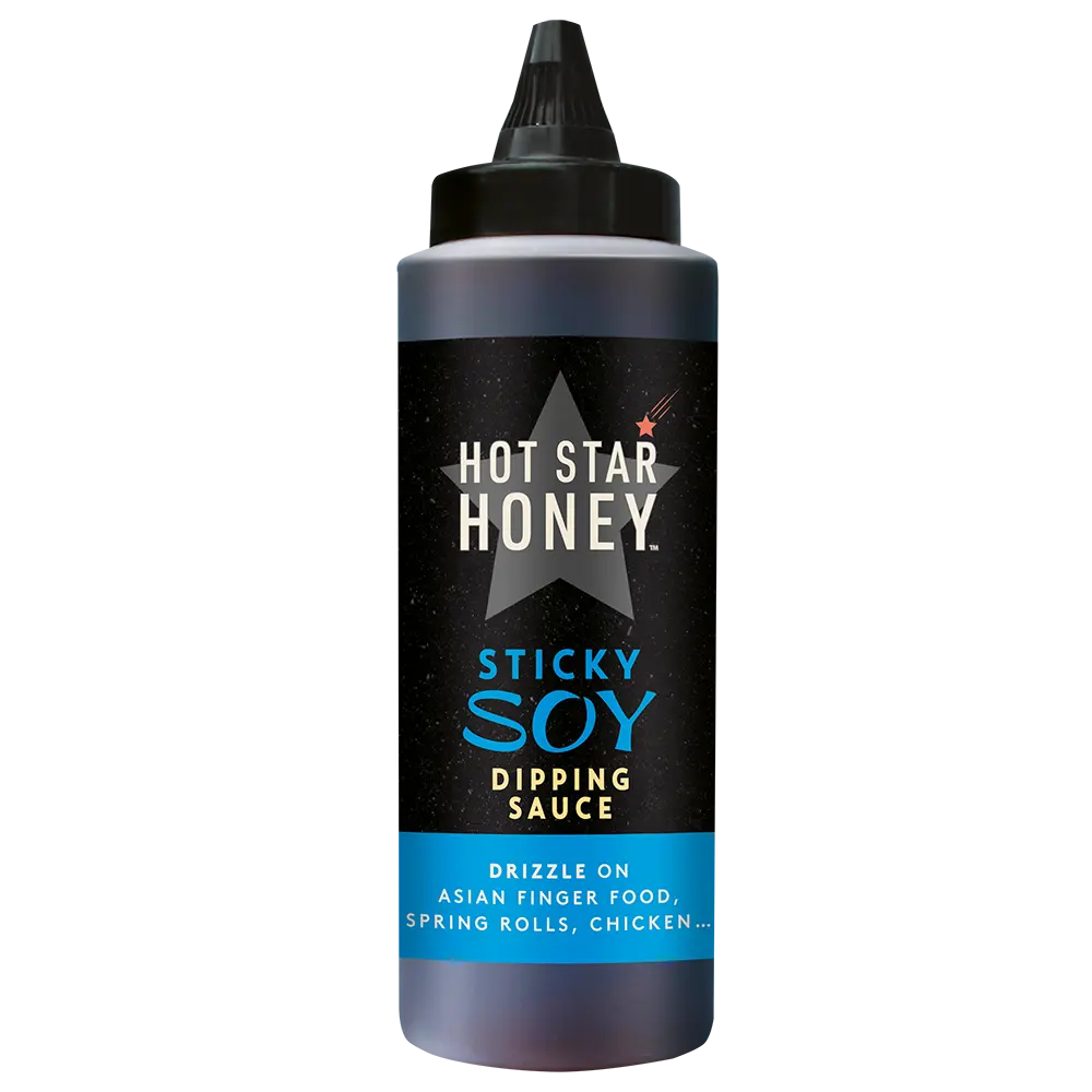 Hot Star Honey Asian-inspired Sticky Soy Dipping Sauce in a clear bottle with a black cap, perfect for Asian cuisine.