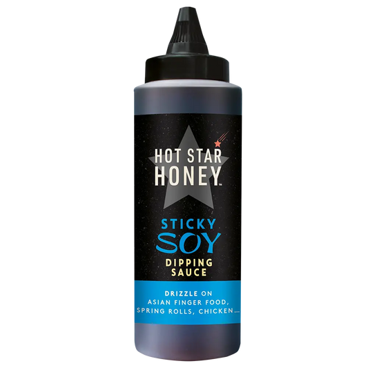 Hot Star Honey Asian-inspired Sticky Soy Dipping Sauce in a clear bottle with a black cap, perfect for Asian cuisine.