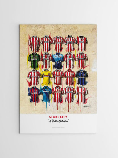 Signed limited edition print of Stoke City FC shirts by Terry Kneeshaw Art, featuring detailed artwork of iconic football jerseys.