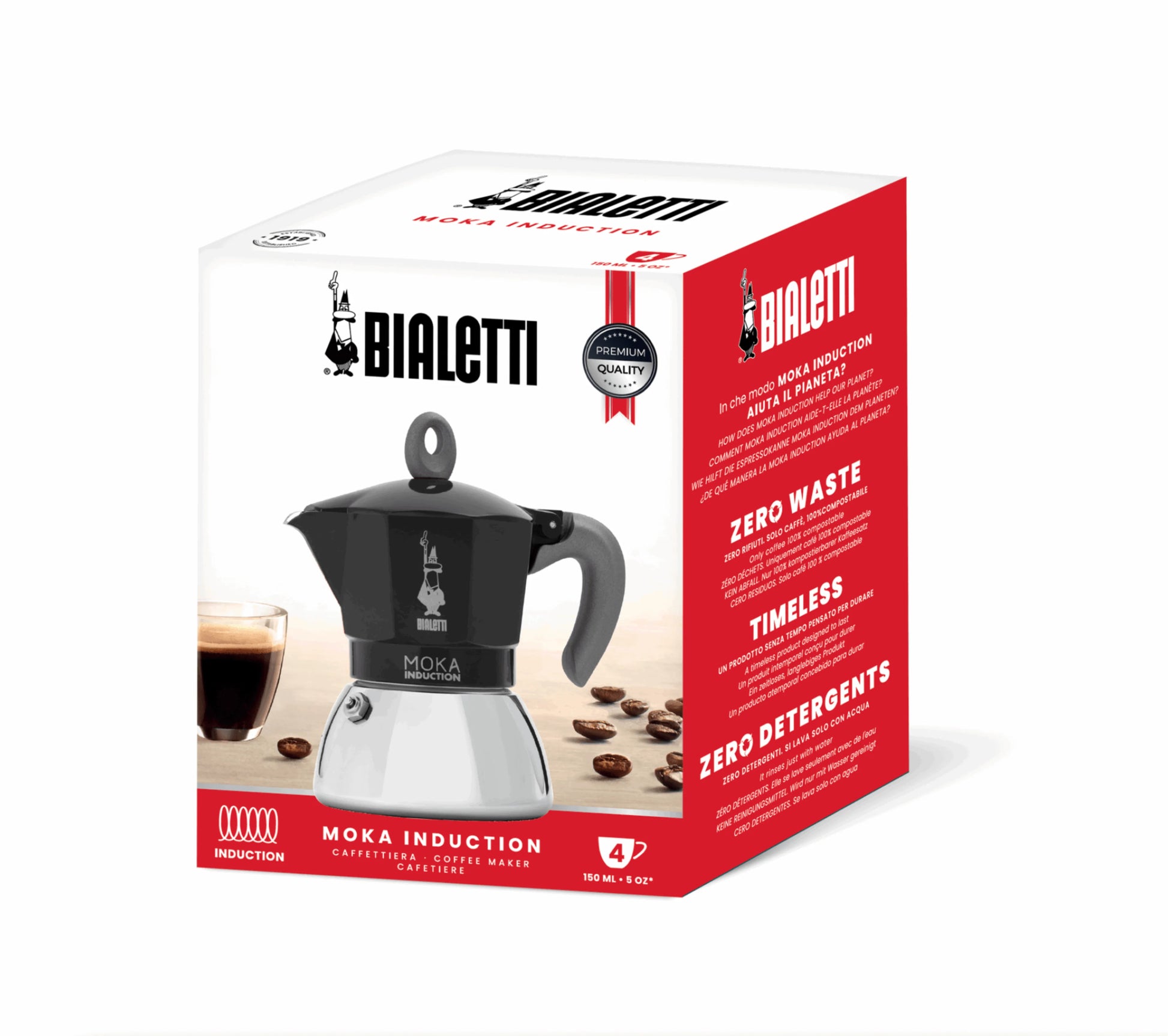 Bialetti Moka Induction stovetop coffee maker in packaging, Brew Italia hardware for brewing espresso-style coffee on induction stoves.