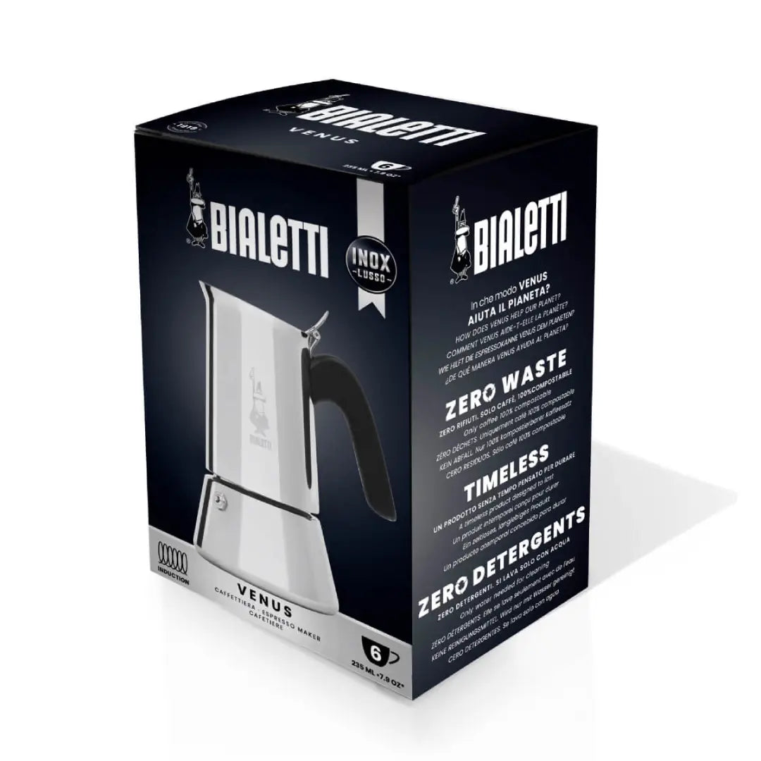 Bialetti Venus stovetop Italian coffee maker by Brew Italia showing the stainless steel hardware and classic design.