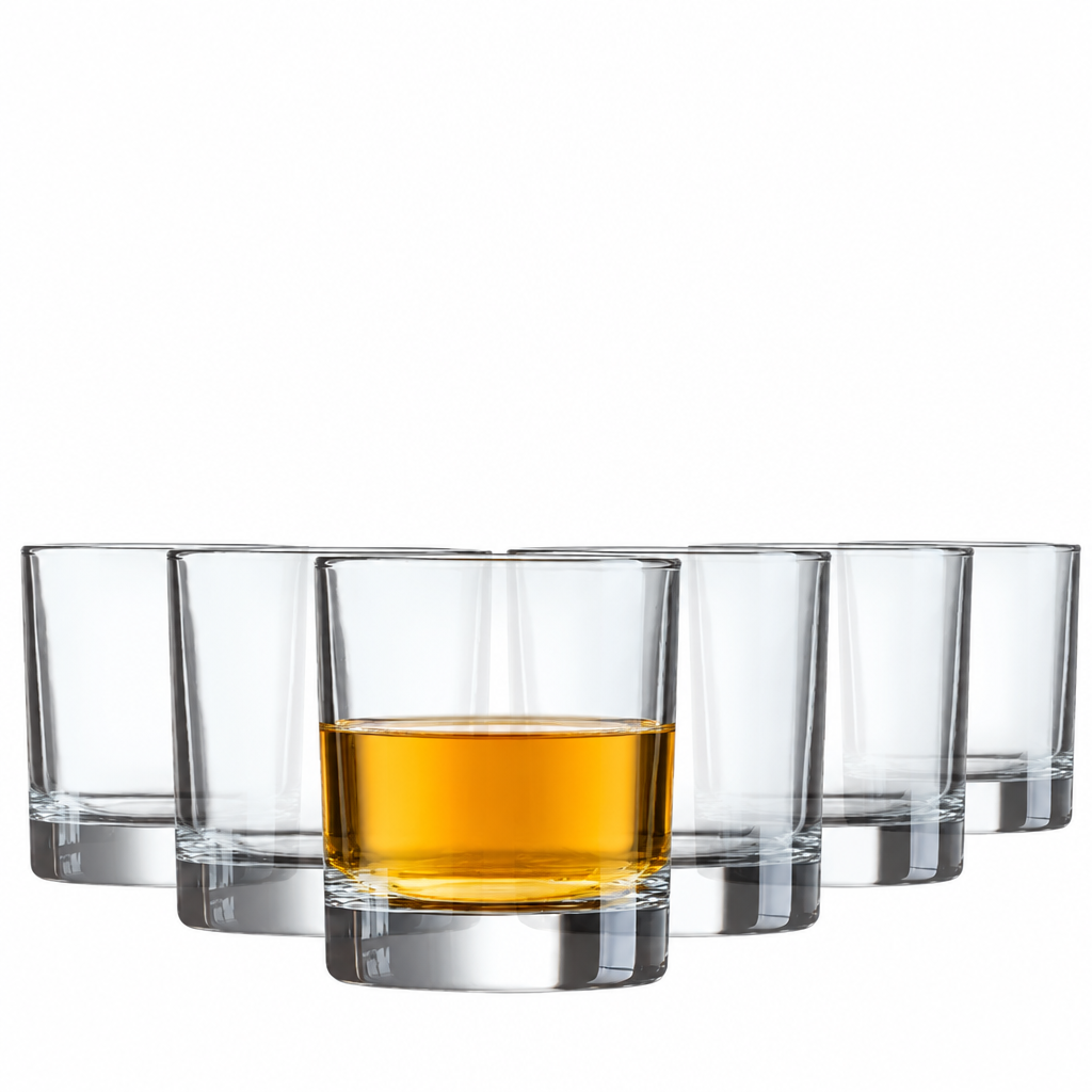 Set of six Krosno straight-sided whisky tumblers, 290ml each, with one glass filled with whisky, showcasing clear glassware design.