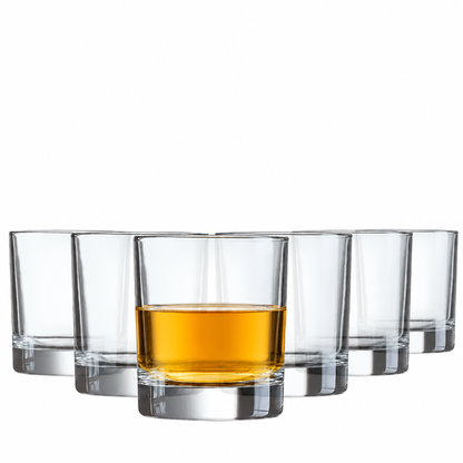 Set of six Krosno straight-sided whisky tumblers, 290ml each, with one glass filled with whisky, showcasing clear glassware design.