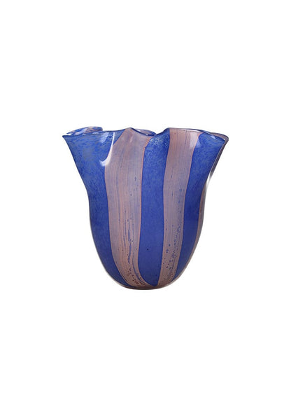 Striped scalloped glass vase in blue and pink by Casa by Josephine Jenno, featuring a elegant wavy design.