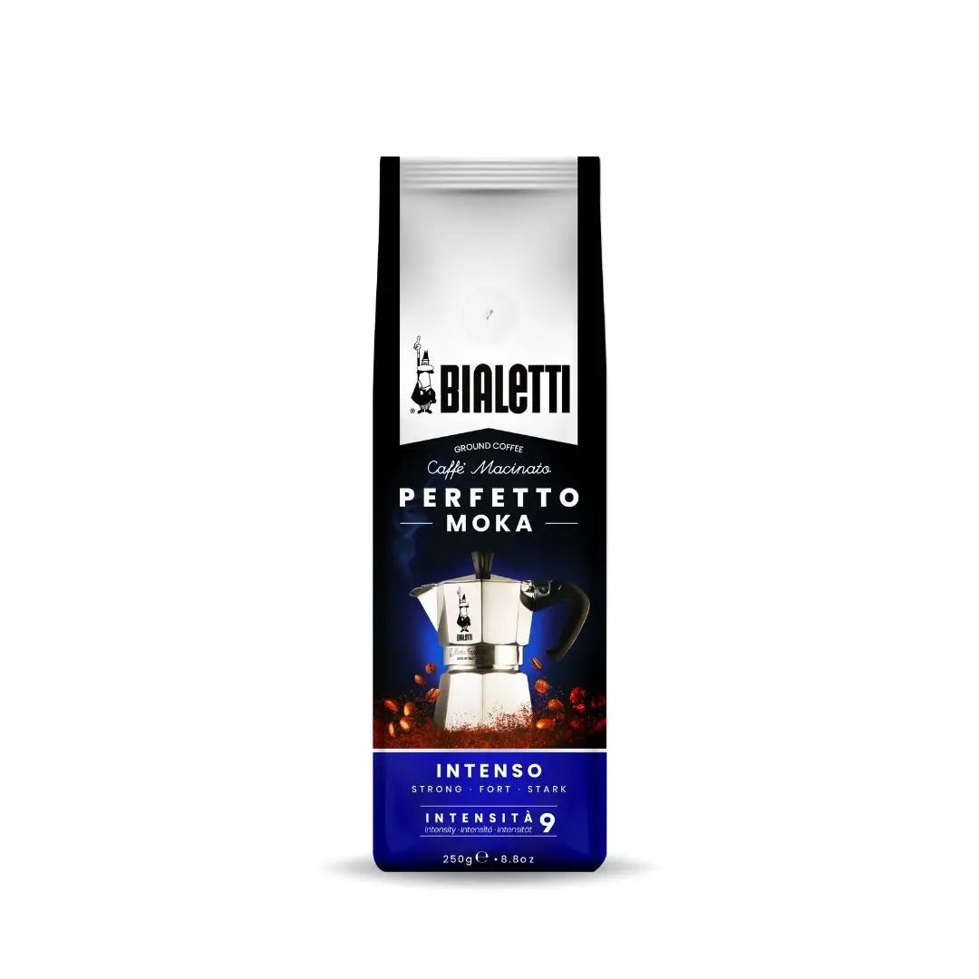 Bialetti Perfetto Moka stovetop coffee maker by Brew Italia, showcasing the sleek design and stainless steel construction.