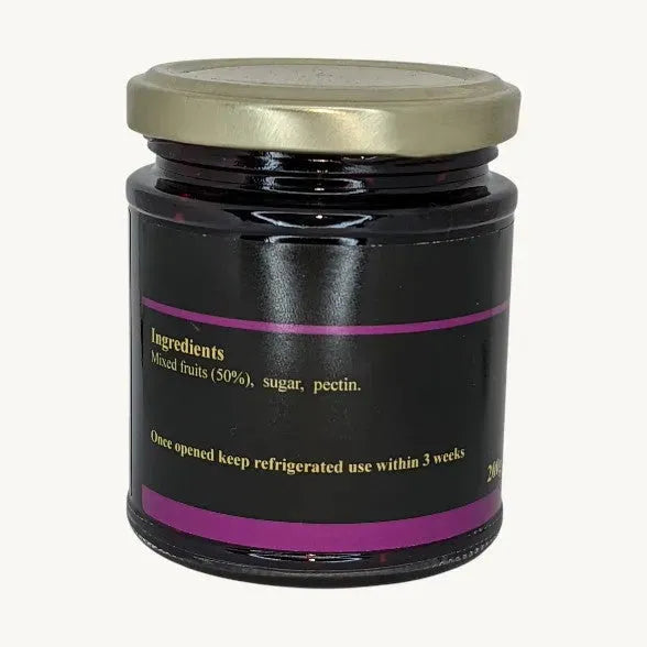 Back view of a 200g jar of Friars Farm Summer Fruit Jam with a label showing mixed summer fruits, on a plain background.