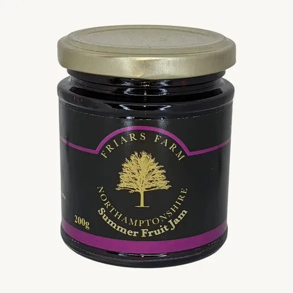 Jar of Friars Farm Summer Fruit Jam with visible fresh fruit pieces, showcasing vibrant colors and textures in a 200g glass jar.