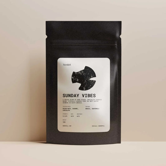 Nordfell Sunday Vibes 1kg bag of fresh coffee beans with vibrant packaging and branding.