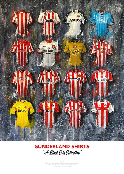 Signed limited edition print of Sunderland FC shirts by Terry Kneeshaw Art, featuring detailed artwork of iconic football jerseys.
