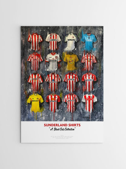 Limited edition signed print by Terry Kneeshaw Art featuring Sunderland FC shirts, A2 size, collectible sports artwork.
