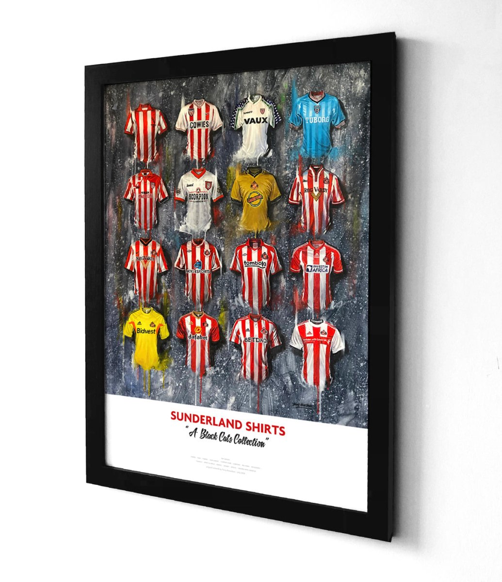 Limited edition signed print of Sunderland FC shirts by Terry Kneeshaw Art, featuring A2 size collectible sports artwork.