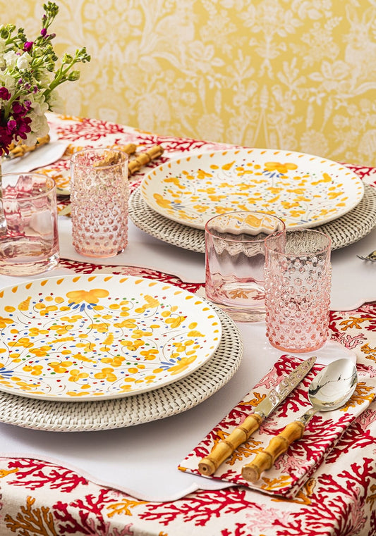 Set of six Beatrice Daisy dinner plates by Casa by Josephine Jenno featuring bright sunflower and daisy floral pattern.